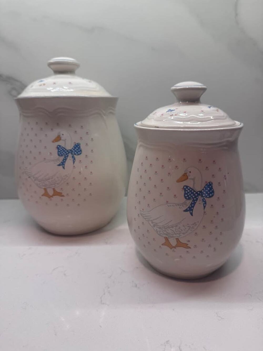 Set of 2 Vintage Tienshan Stoneware Aunt Rhody Country Goose Duck Canister Jars